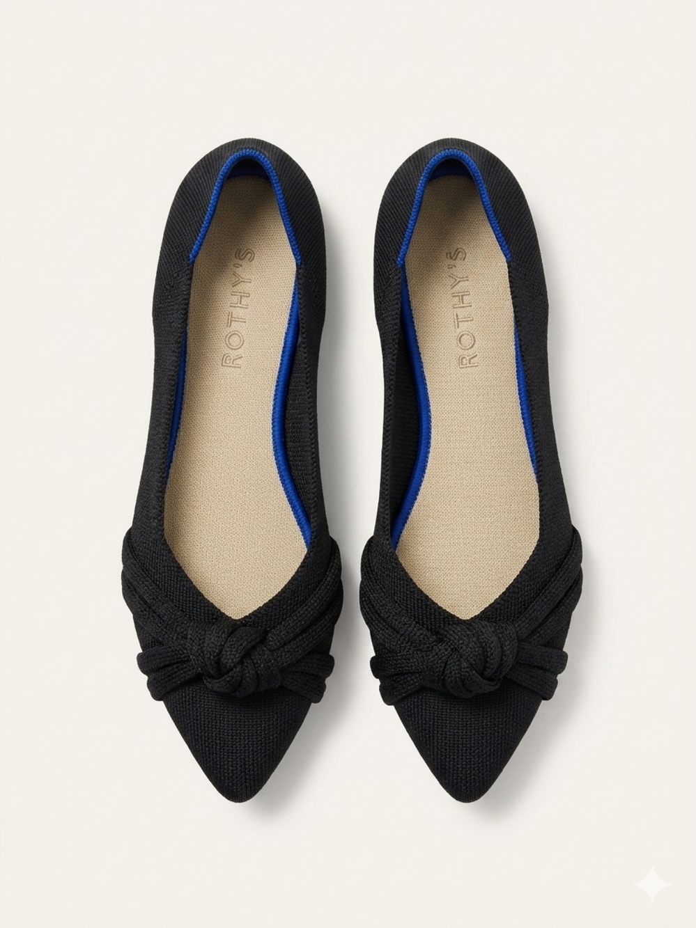 Rothy's Black Pointed Knit Ballet Flats with Blue Trim